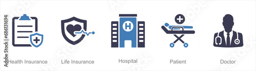 A set of 5 Health Checkup icons as health insurance, life insurance, hospital