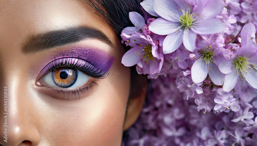 Close-up of part of a woman's face. Beautiful lilac makeup. Close-up of part of a woman's face. Beautiful lilac makeup.