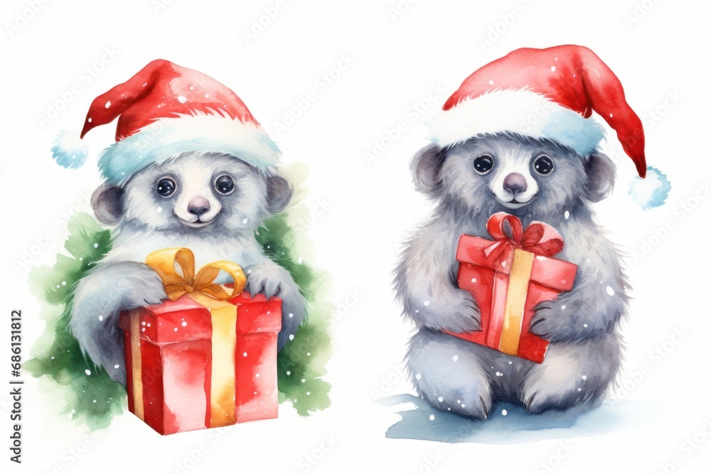a watercolor painting of a bear holding a gift box with a santa hat on its head and another bear with a present in its paws. a watercolor painting of a bear holding a gift box with a santa hat on its head and another bear with a present in its paws.