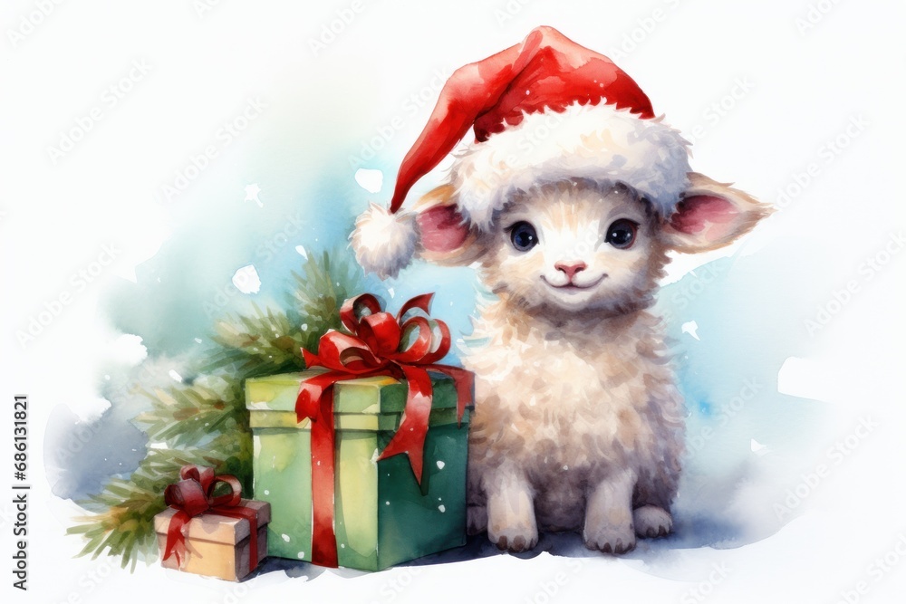 a watercolor painting of a little lamb with a santa hat next to a gift box and a christmas tree. a watercolor painting of a little lamb with a santa hat next to a gift box and a christmas tree.