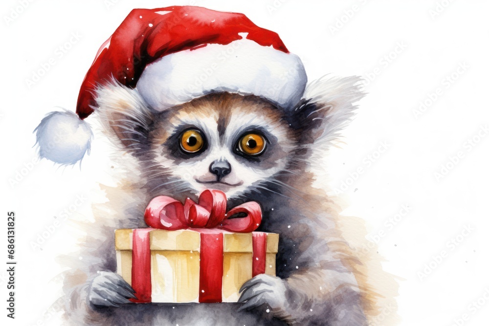 a painting of a racoon wearing a santa hat and holding a gift box with a red ribbon on it. a painting of a racoon wearing a santa hat and holding a gift box with a red ribbon on it.