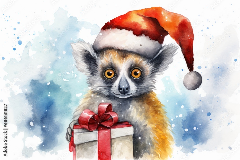 a watercolor painting of a lemuron wearing a santa hat and holding a gift box with a red ribbon. a watercolor painting of a lemuron wearing a santa hat and holding a gift box with a red ribbon.