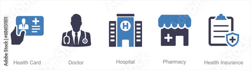 A set of 5 Health Checkup icons as health card, doctor, hospital