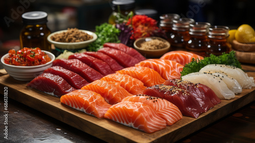 Diverse gourmet market offers sashimi, duck, catfish, and more, generative ai