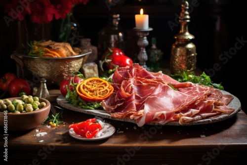 spanish jamon on a plate at christmas dinner with candles. Cold cuts charcuterie board with appetizers on xmas.