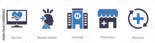A set of 5 Health Checkup icons as monitor, mental health, hospital