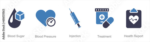 A set of 5 Health Checkup icons as blood sugar, blood pressure, injection