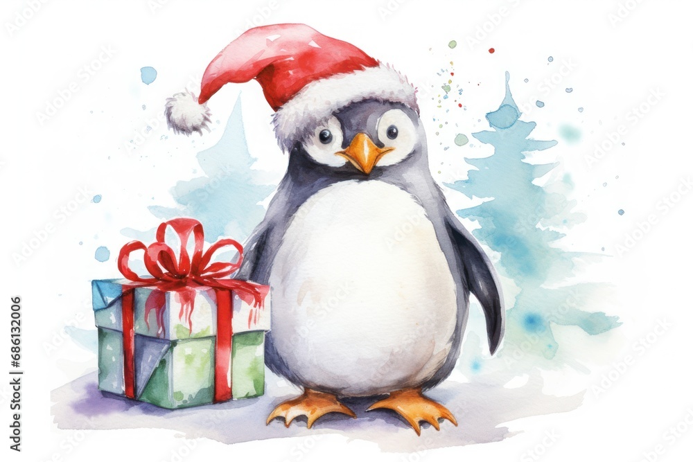 a penguin wearing a santa claus hat next to a gift box with a red ribbon and a green box with a red bow. a penguin wearing a santa claus hat next to a gift box with a red ribbon and a green box with a red bow.