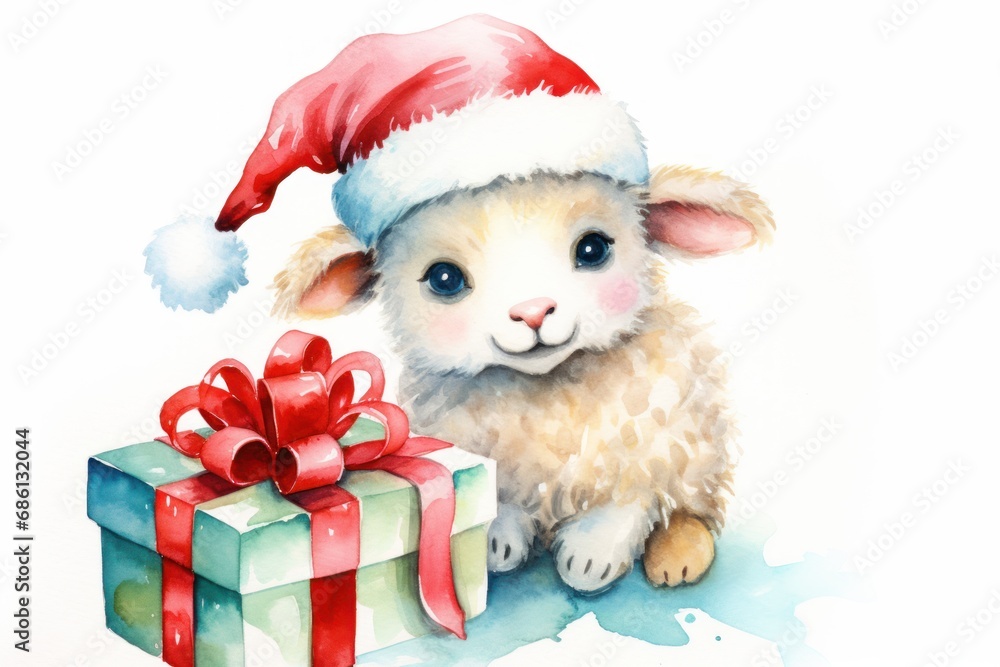 a watercolor painting of a baby sheep with a santa hat next to a gift box with a red ribbon. a watercolor painting of a baby sheep with a santa hat next to a gift box with a red ribbon.
