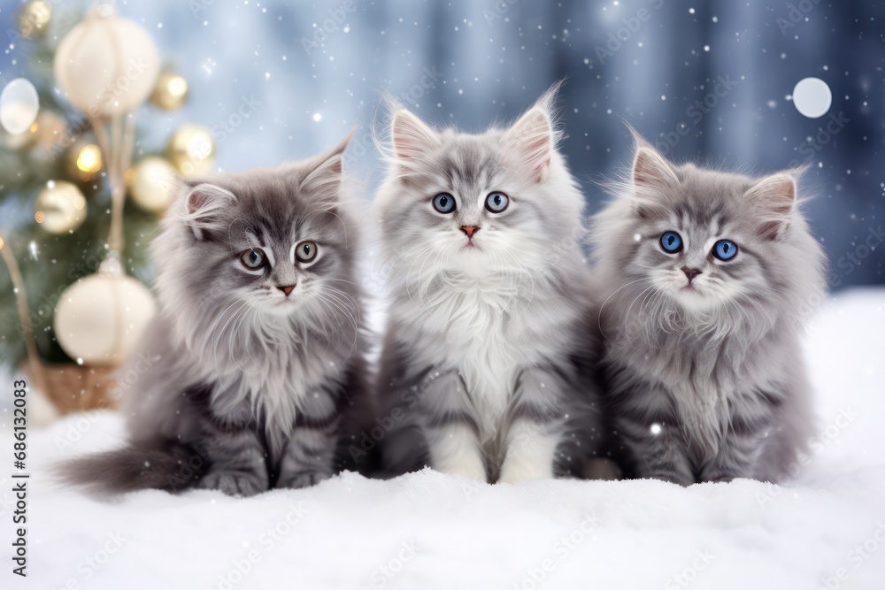 three cute gray kittens in winter sitting on snow with christmas tree behind three cute gray kittens in winter sitting on snow with christmas tree behind