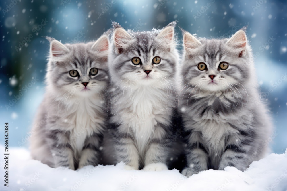 three cute gray kittens in winter sitting on snow christmas card