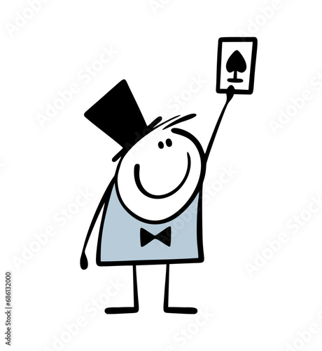 Cheerful clever magician shows a trick with playing cards holding the ace of spades in hand. Vector illustration of artist at performance in theater.
