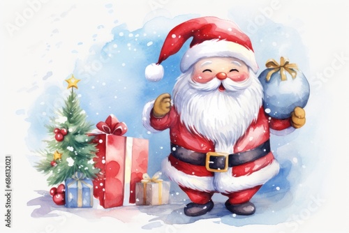  a watercolor painting of a santa clause holding a bag of presents next to a christmas tree and a small christmas tree.