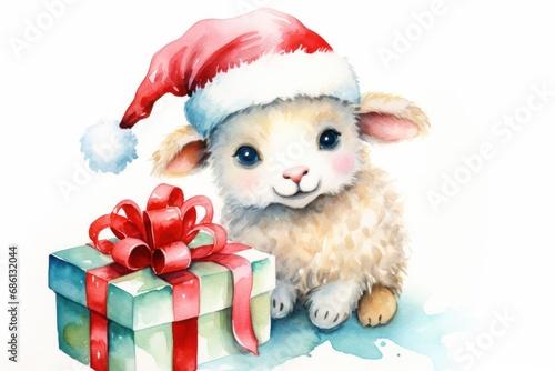 a watercolor painting of a baby sheep with a santa hat next to a gift box with a red ribbon.