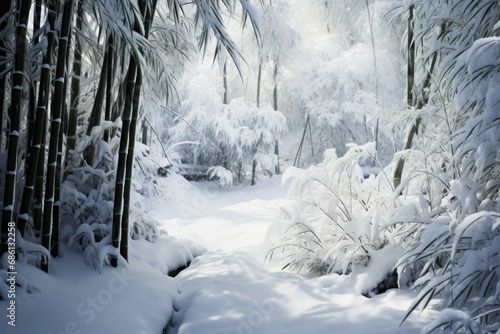  a path through a snow covered forest with lots of snow on the ground and tall trees on either side of the path.