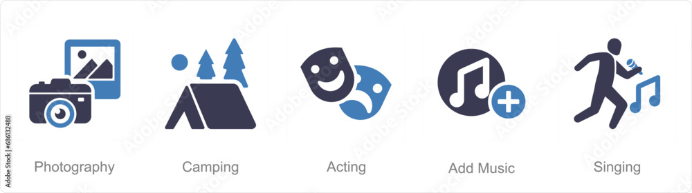 A set of 5 Hobby icons as photography, camping, acting A set of 5 Hobby icons as photography, camping, acting