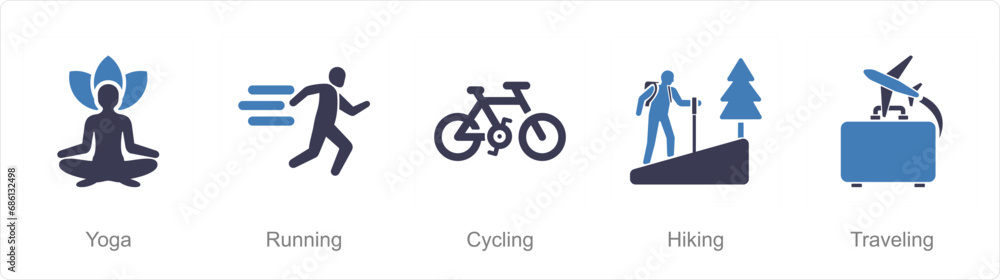 A set of 5 Hobby icons as yoga, running, cycling A set of 5 Hobby icons as yoga, running, cycling