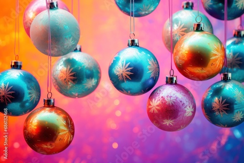  a group of christmas ornaments hanging from strings in front of a multicolored background with snowflakes on them.