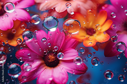 macro, bright flowers underwater with bubbles, pink, orange and blue colors, background or screensaver photo