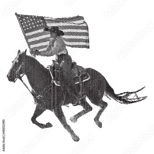 Cowgirl riding a horse with a large waving American flag. Cowgirl isolated on white. Woman power.
