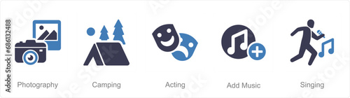 A set of 5 Hobby icons as photography, camping, acting