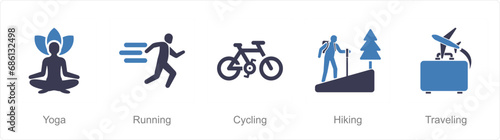 A set of 5 Hobby icons as yoga, running, cycling