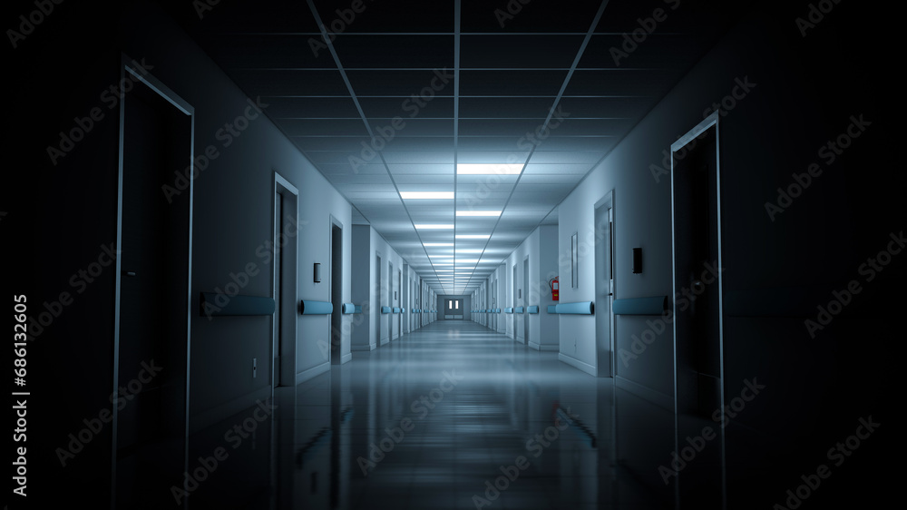 Hospital corridor with few lights on. 3d rendering. Seamless looping.