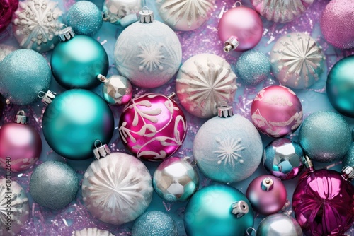  a close up of a bunch of different colored christmas ornament ornaments on a purple and blue background with snow flakes.