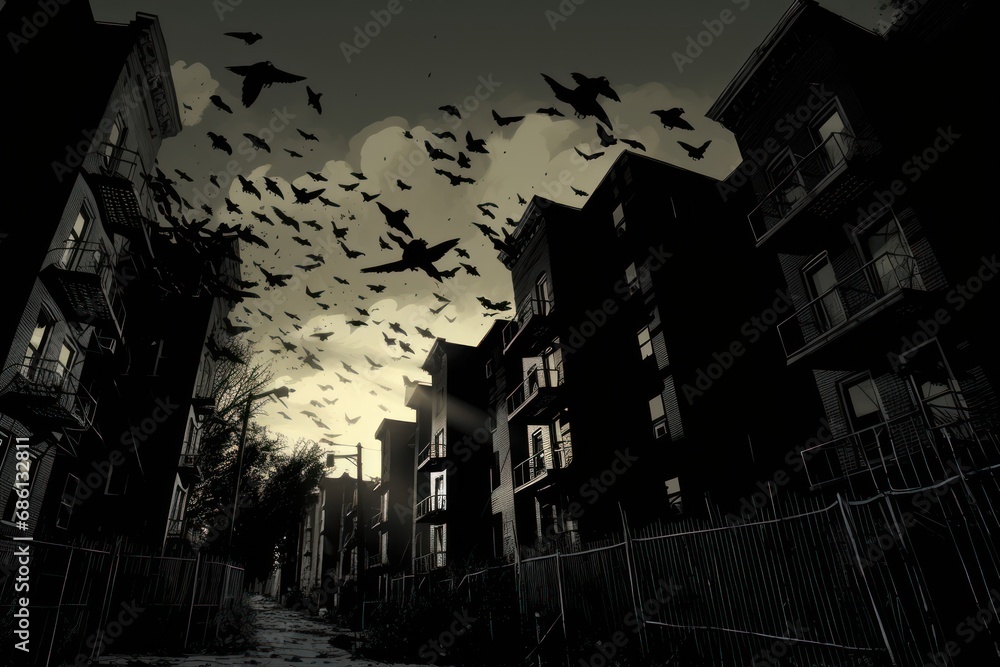  a black and white photo of a flock of birds flying in the air over a city street at night time.