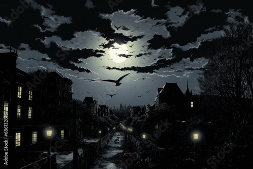  a painting of a city street at night with a bird flying in the sky and a full moon in the background.