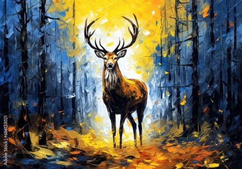 A large deer in a spruce forest. Wild animal in natural habitat. Nature background. Digital art in watercolor style. Illustration for cover, card, postcard, interior design, decor or print.