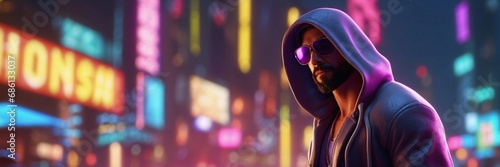Wide angle shot of a brutalmale model in dark hooded jacket and sunglasses. Blurred bright neon cyberpunk city street as a background.