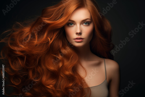 Gorgeous redhead woman showing off her beautiful long, wavy, abundant and flowy red hair and looking confident in a studio