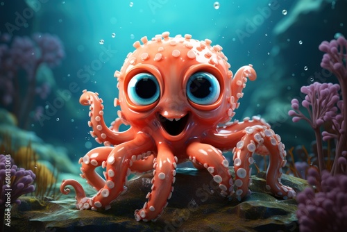  an orange octopus with big eyes sitting on a rock in the ocean with corals and algaes around it.