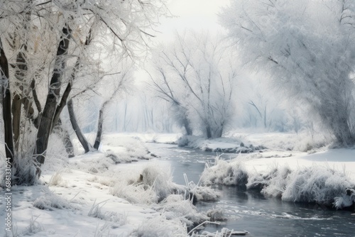  a river surrounded by snow covered trees and a forest filled with lots of snow covered trees and a forest filled with lots of snow covered trees. © Shanti