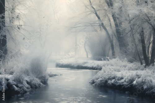  a river running through a forest filled with lots of trees and bushes covered in a thick layer of white snow.