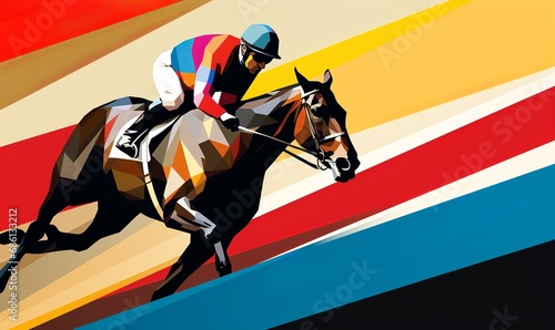 multicolor art deco racehorse and jockey  photo