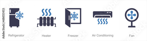 A set of 5 Home Appliance icons as referigerator, heater, freezer