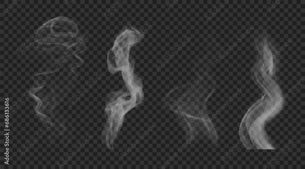 Set of vector realistic white wavy steam. Hookah and cigarettes smoke isolated on transparent backdrop Set of vector realistic white wavy steam. Hookah and cigarettes smoke isolated on transparent backdrop