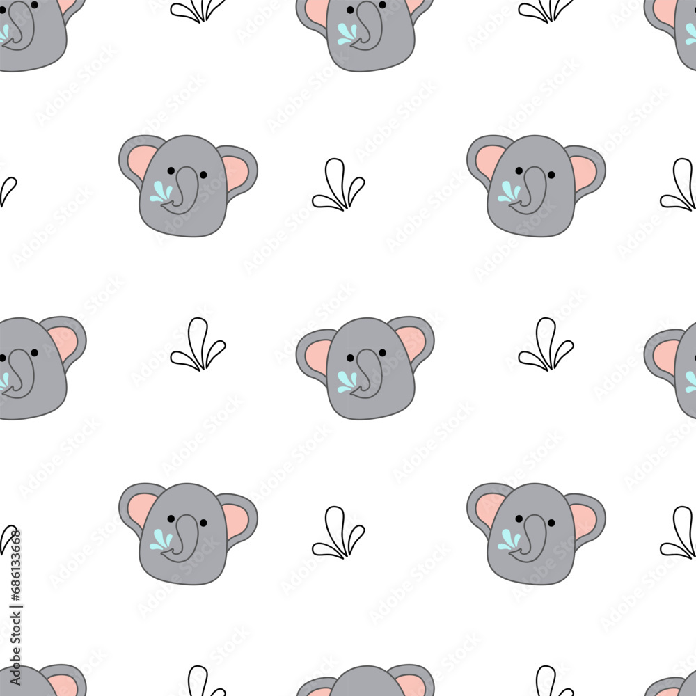 Elephants on seamless pattern. Squishmallow. Background with elephant. Kawaii, vector