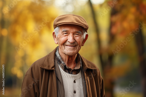 Aging old man looking happy enjoying the autumn weather