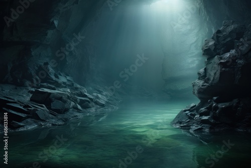  a cave filled with lots of water and a light at the end of the cave is shining down on the water.