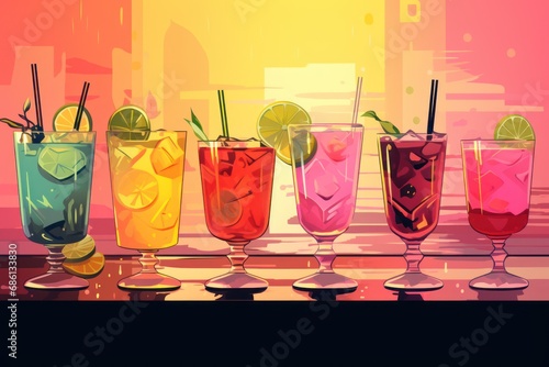  a row of colorful cocktails sitting on top of a table next to each other on top of a table.