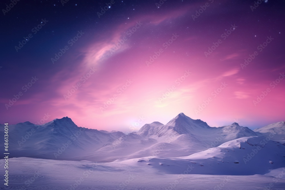 a mountain range covered in snow under a pink sky with a star filled sky in the middle of the picture. a mountain range covered in snow under a pink sky with a star filled sky in the middle of the picture.