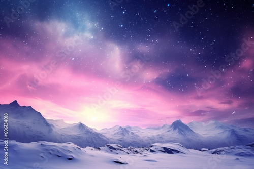  a view of a snowy mountain range under a purple and blue sky with stars and the moon in the distance.