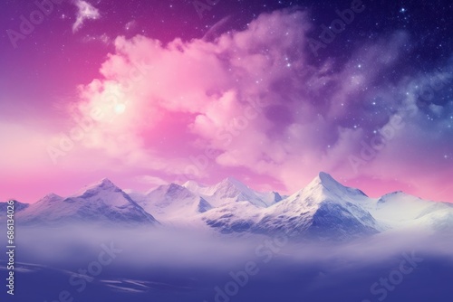 a mountain range covered in clouds under a pink and blue sky with a star filled sky and stars above it.