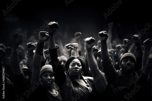  a black and white photo of a group of people raising their hands in the air with their hands in the air. photo