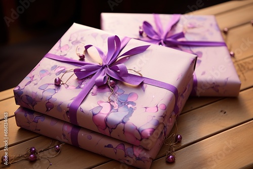  a couple of wrapped presents sitting on top of a wooden table on top of a wooden table next to each other.