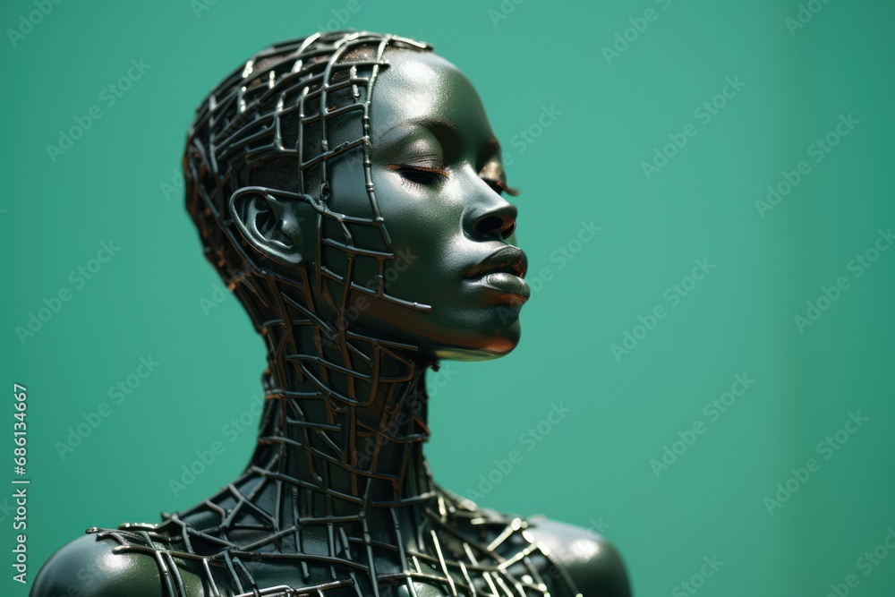  a woman's head is made up of wires and wires on the body of a mannequin, against a green background.