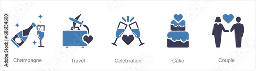 A set of 5 Honeymoon icons as champagne, travel, celebration
